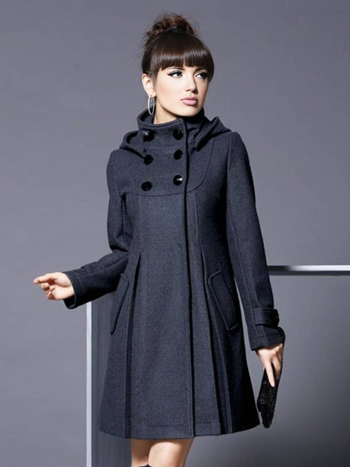 Levoire | Manteau Midi Long En Laine Croisé Avec Poches À Capuche Vintage Femmes Élégant Hiver Cape Gris