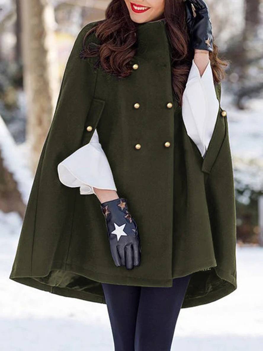 Levoire | Manteau Poncho Pour Femmes En Laine À Double Boutonnage À Manches Longues Cape Élégante Vert Armée Armée Verte