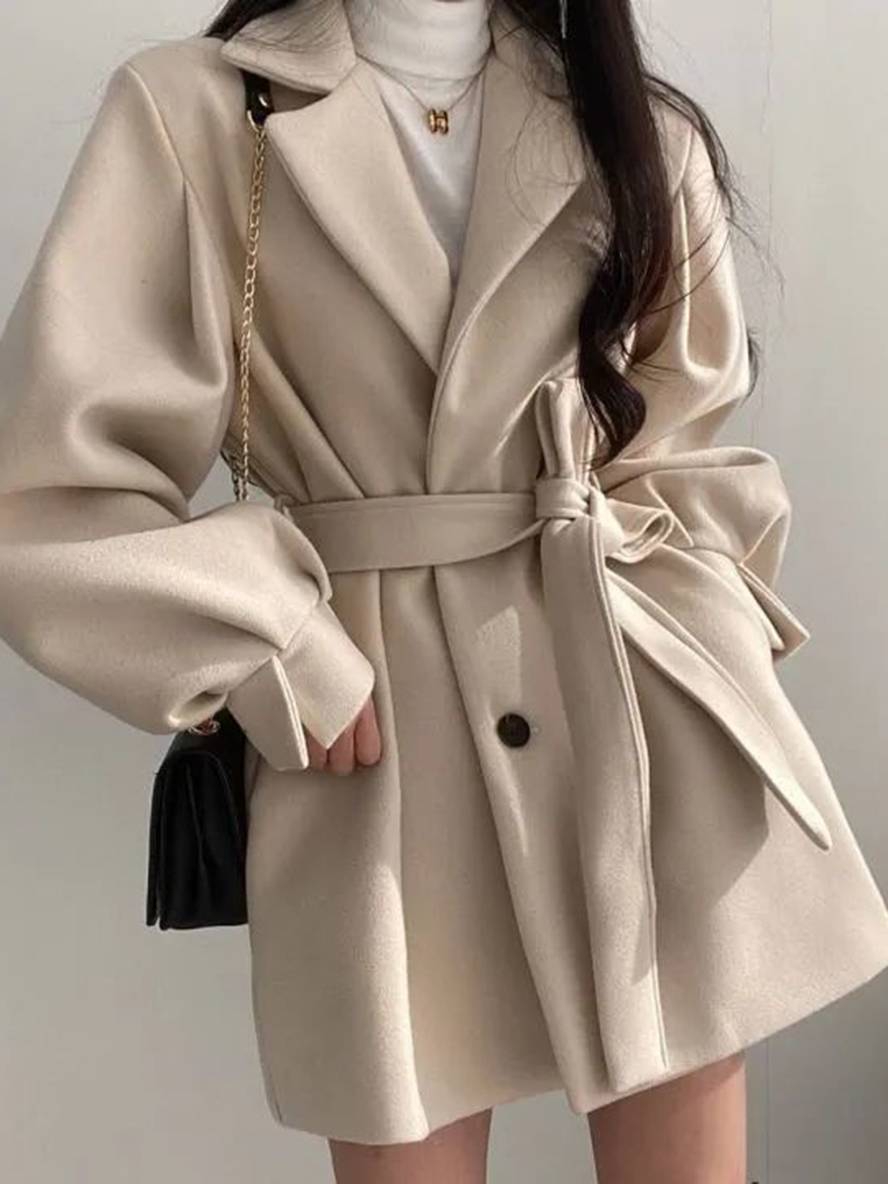 Levoire | Mi-Long Manteau En Laine Ceinture Bouton Poches Manches Bouffantes Dames Élégant Oversize Hiver Veste Vêtements