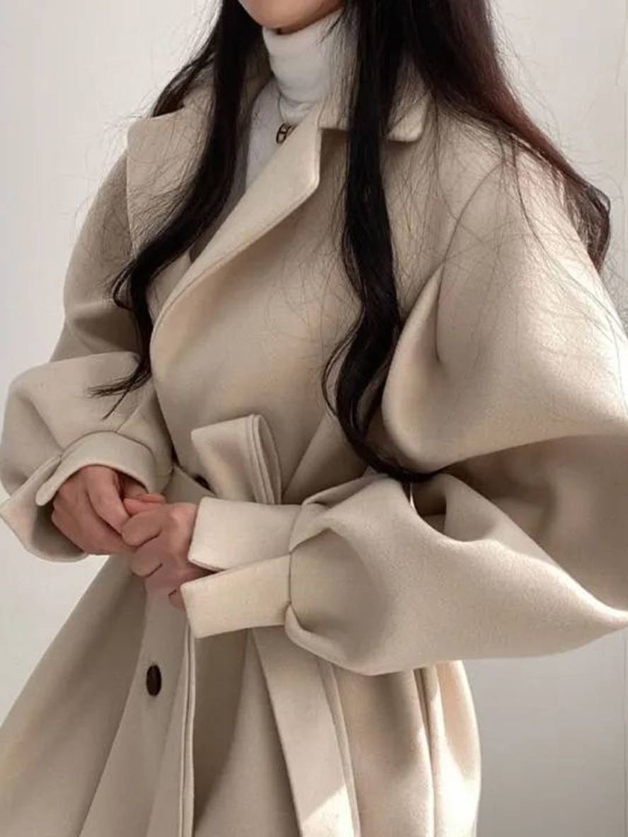 Levoire | Mi-Long Manteau En Laine Ceinture Bouton Poches Manches Bouffantes Dames Élégant Oversize Hiver Veste Vêtements