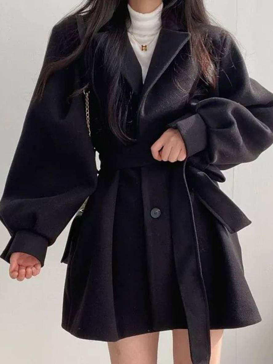 Levoire | Mi-Long Manteau En Laine Ceinture Bouton Poches Manches Bouffantes Dames Élégant Oversize Hiver Veste Vêtements