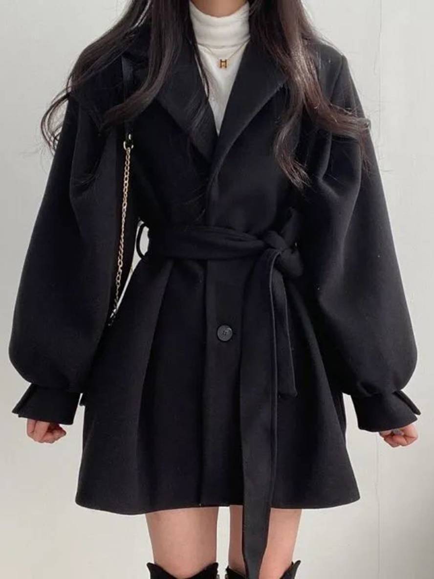 Levoire | Mi-Long Manteau En Laine Ceinture Bouton Poches Manches Bouffantes Dames Élégant Oversize Hiver Veste Vêtements