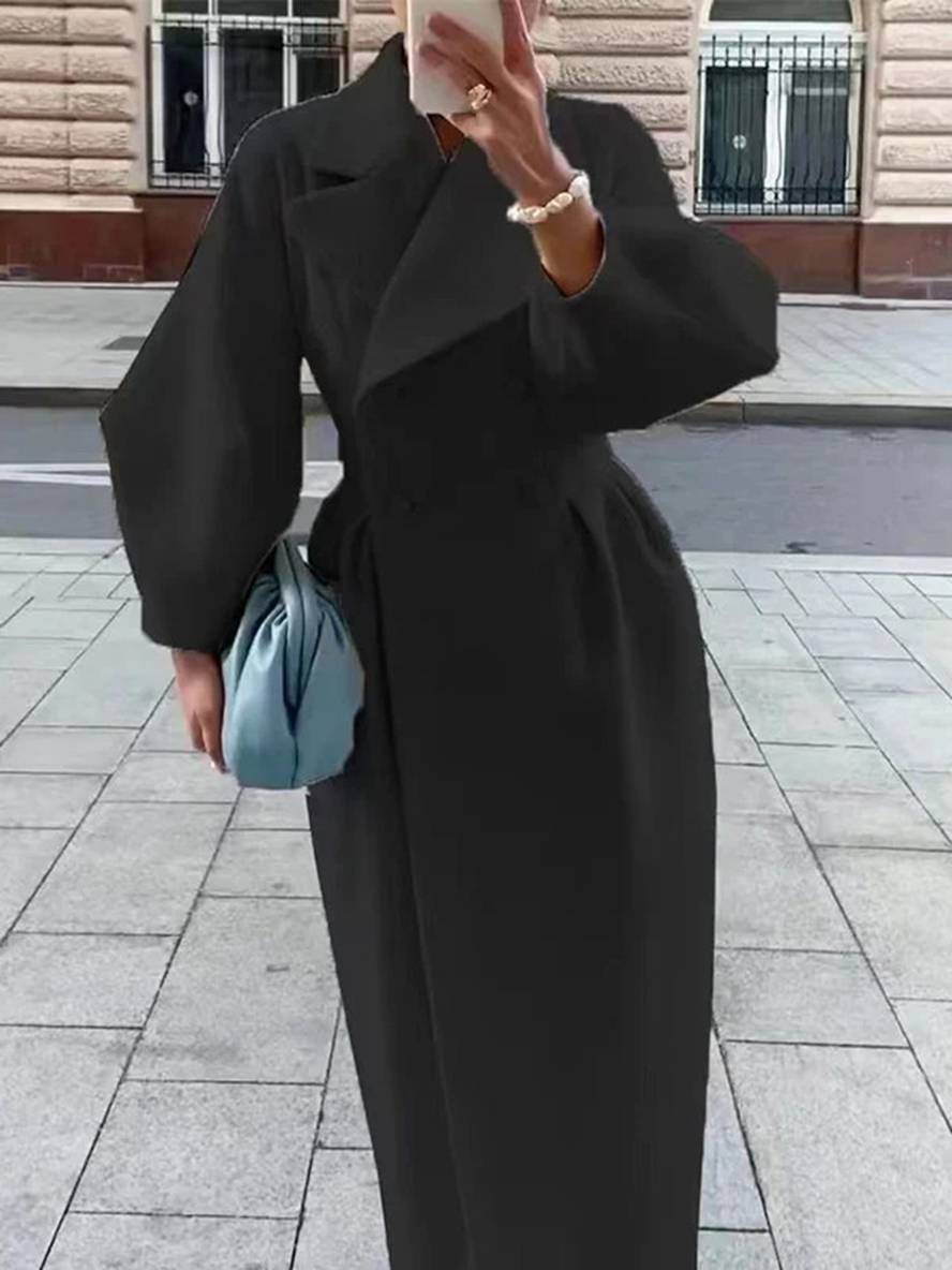 Levoire | Manteau En Laine Long À Double Bouton En Lin V Femme Élégante Vintage Hepburn Jacket Noir