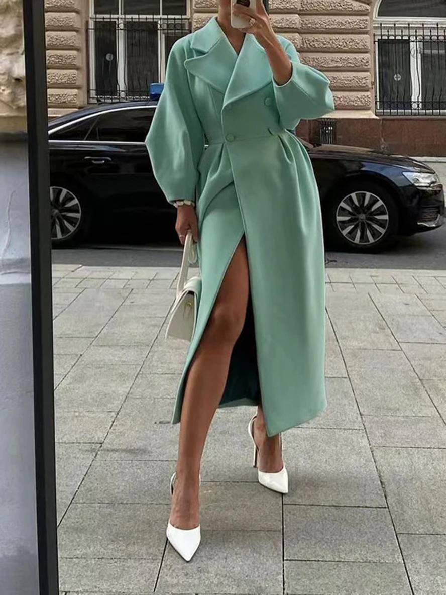 Levoire | Manteau En Laine Long À Double Bouton En Lin V Femme Élégante Vintage Hepburn Jacket Vert