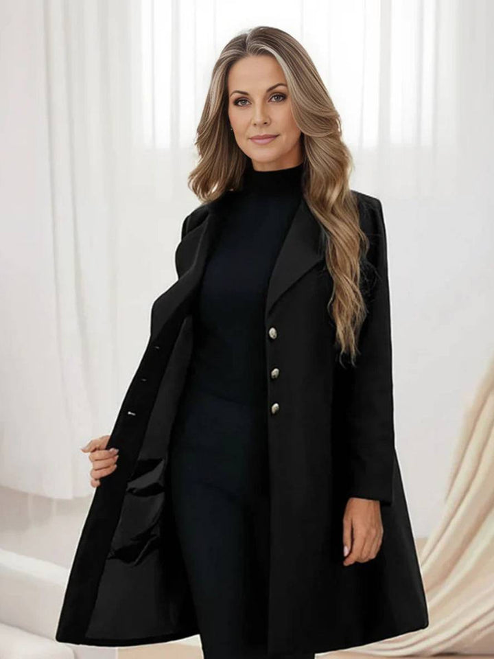 Levoire | Manteau En Laine Midi-Long Avec Patte De Boutonnage, Col À Revers, Décolleté En V, Mode Élégante Pour Femmes, Manteau D'Hiver Noir