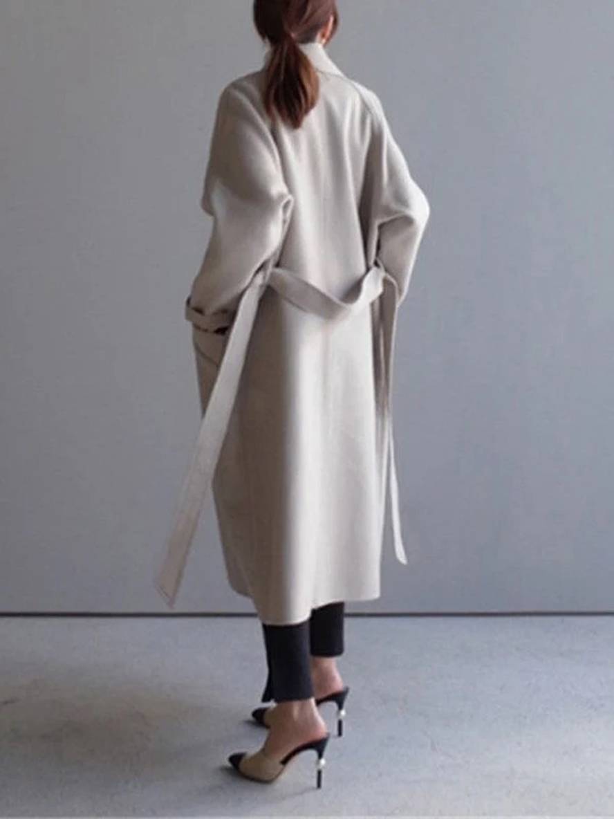 Levoire | Manteau En Laine Long Avec Fermeture À Double Bouton Poches Ceinture Décolleté V Dames Élégant Caban