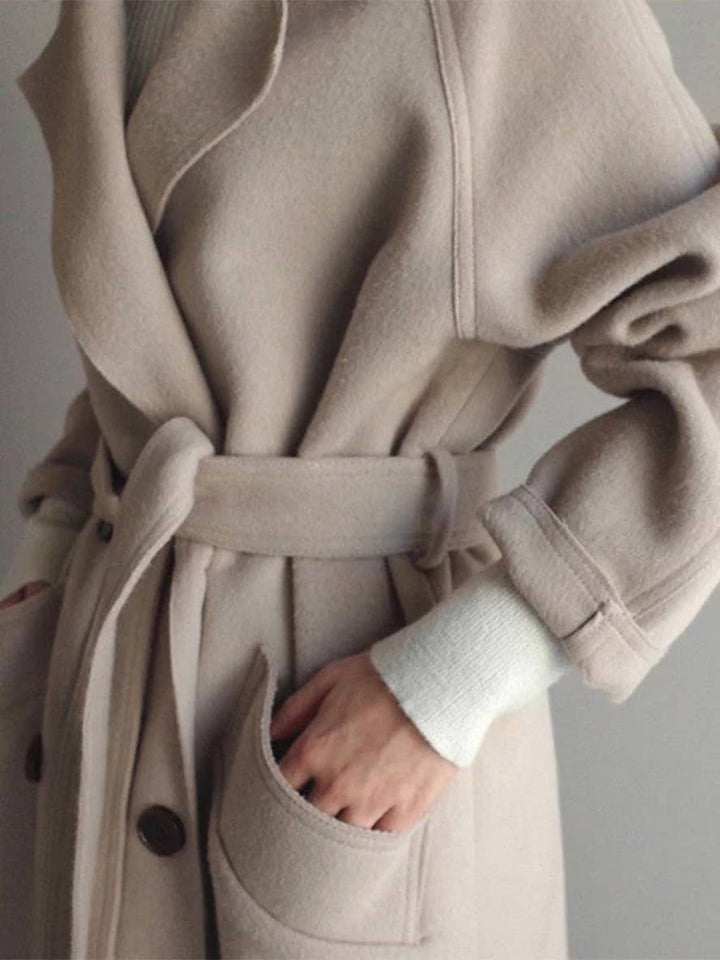 Levoire | Manteau En Laine Long Avec Fermeture À Double Bouton Poches Ceinture Décolleté V Dames Élégant Caban