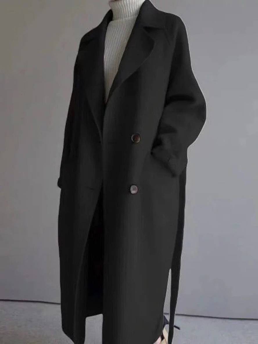 Levoire | Manteau En Laine Long Avec Fermeture À Double Bouton Poches Ceinture Décolleté V Dames Élégant Caban Noir