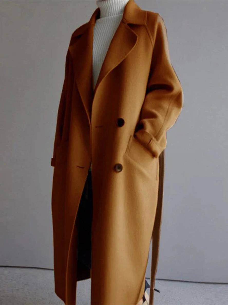 Levoire | Manteau En Laine Long Avec Fermeture À Double Bouton Poches Ceinture Décolleté V Dames Élégant Caban Khaki