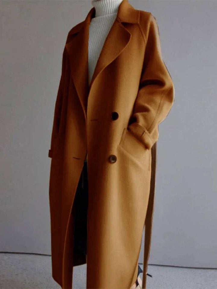 Levoire | Manteau En Laine Long Avec Fermeture À Double Bouton Poches Ceinture Décolleté V Dames Élégant Caban Khaki