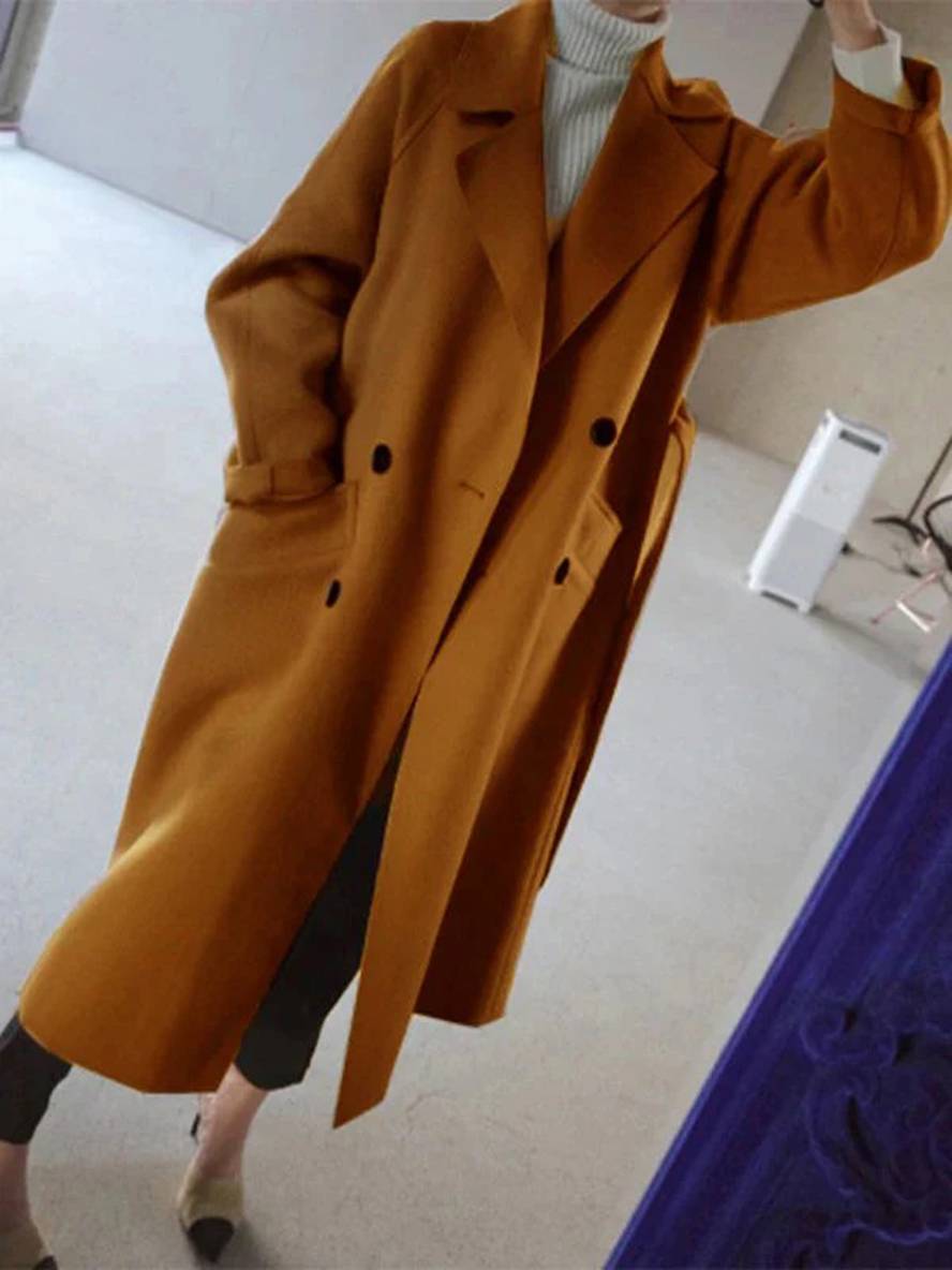 Levoire | Manteau En Laine Long Avec Fermeture À Double Bouton Poches Ceinture Décolleté V Dames Élégant Caban