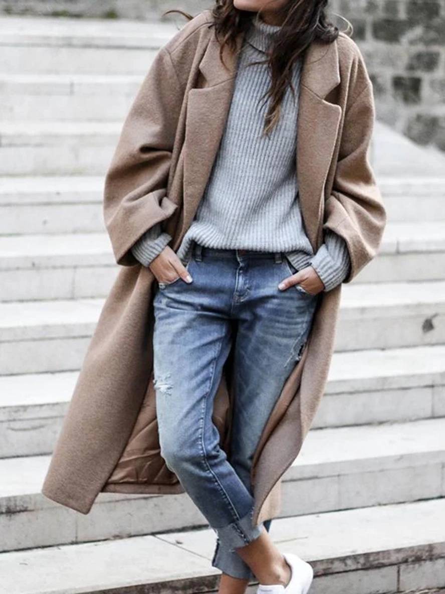 Levoire | Manteau En Laine Plus Long Avec Boutons Poches Col Revers Manches Longues Mode Élégante Femmes Manteau D'Hiver