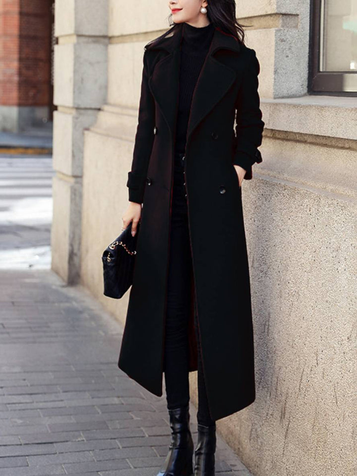 Levoire | Manteau Long Jusqu'À La Cheville Pour Femmes, Double Bouton, Poches, Revers, Élégant, Mode Décontractée, Manteau Noir