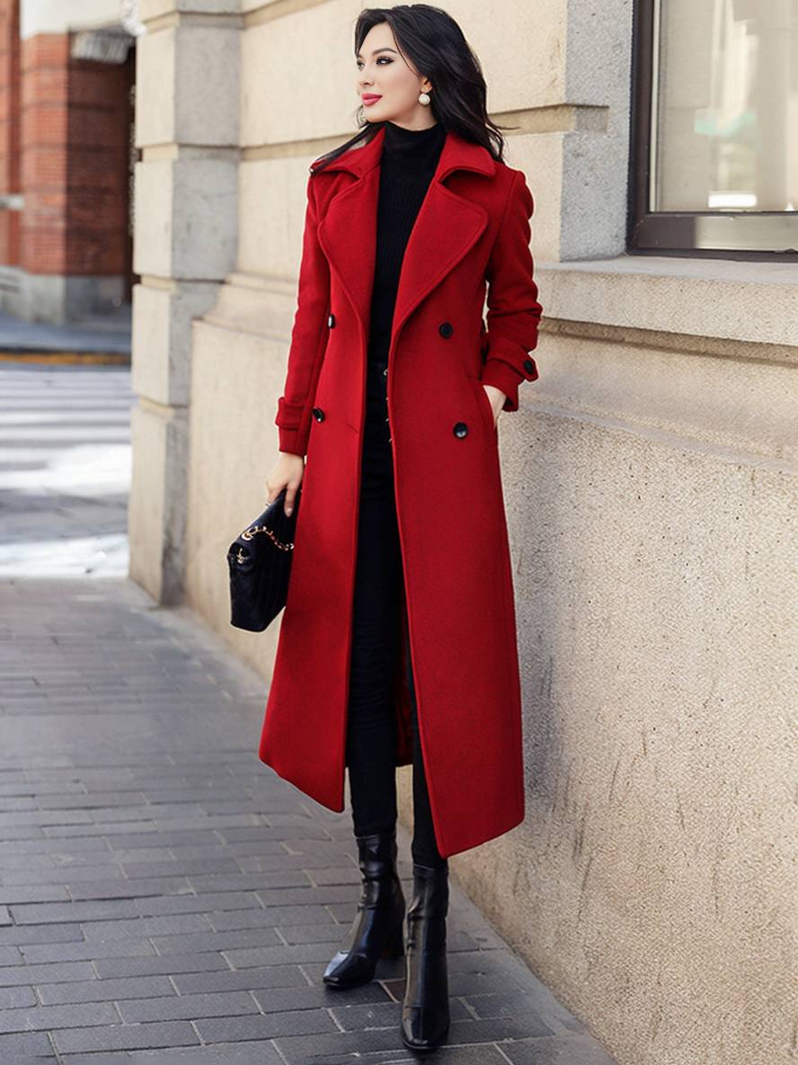 Levoire | Manteau Long Jusqu'À La Cheville Pour Femmes, Double Bouton, Poches, Revers, Élégant, Mode Décontractée, Manteau Rot