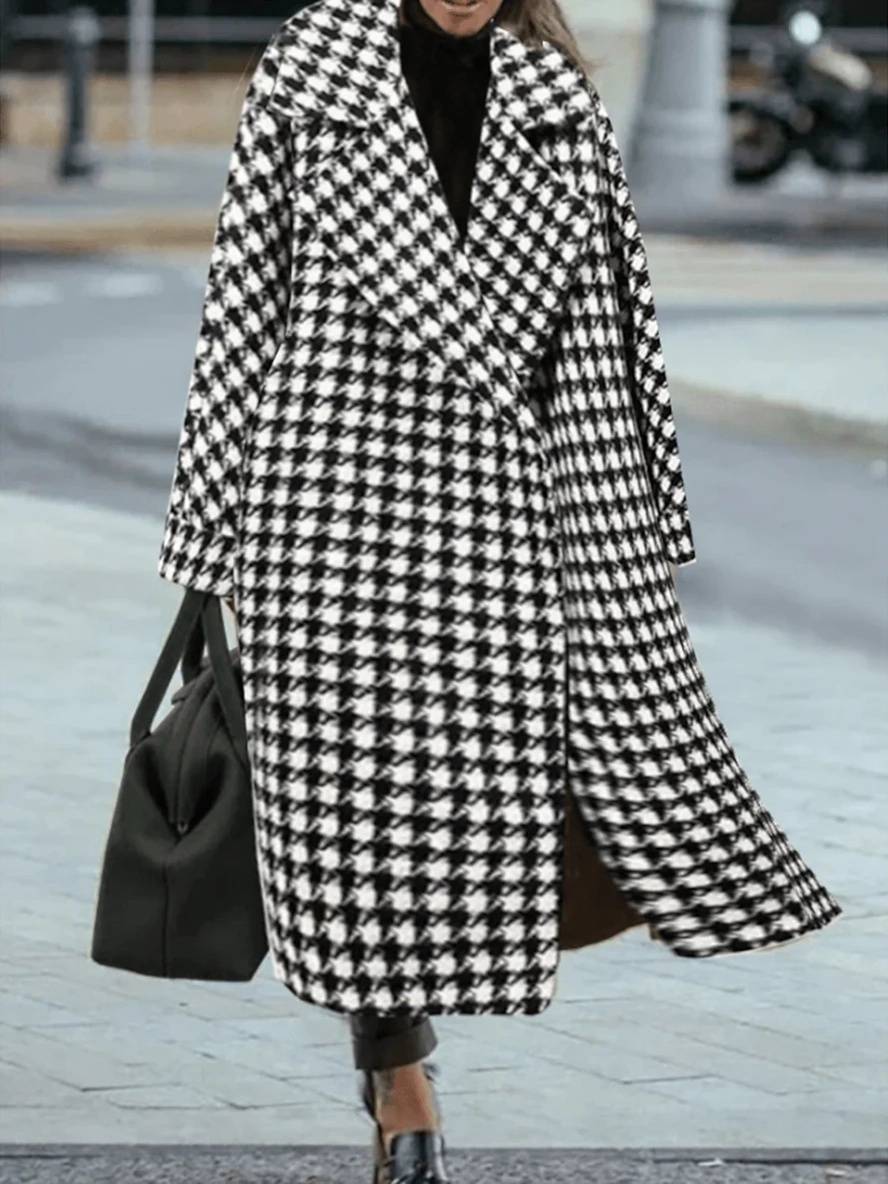 Levoire | Manteau Long En Motif Écossais En Laine Poches Chaudes Femmes Élégant Ample Décontracté Vêtements D'Hiver Noir