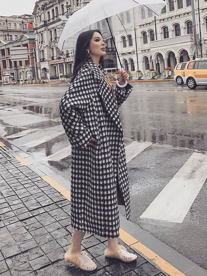 Levoire | Manteau Long En Motif Écossais En Laine Poches Chaudes Femmes Élégant Ample Décontracté Vêtements D'Hiver