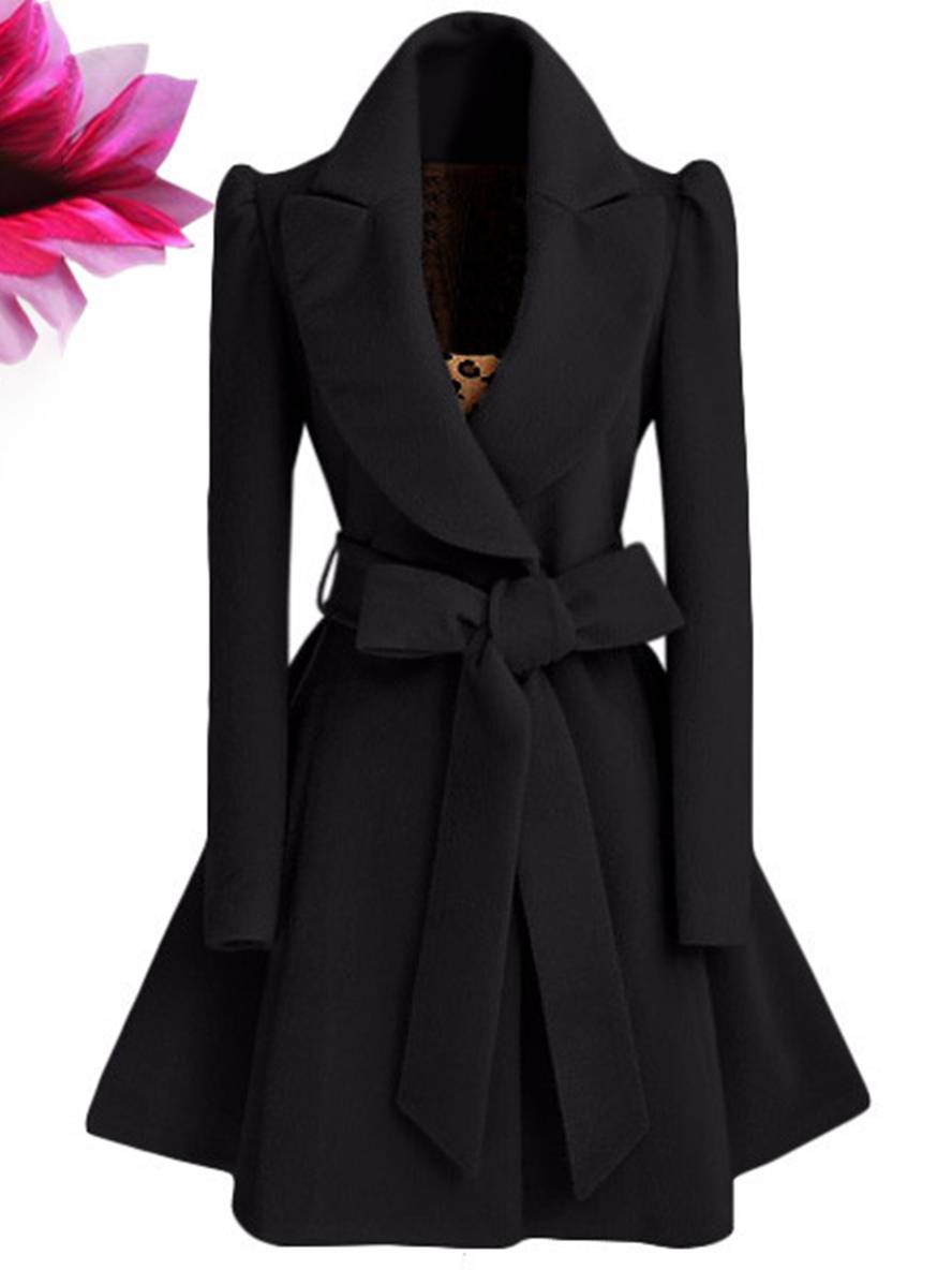 Levoire | Midi-Long Manteau Patineuse Ceinture Manches Longues Élégant Dames Veste Noir