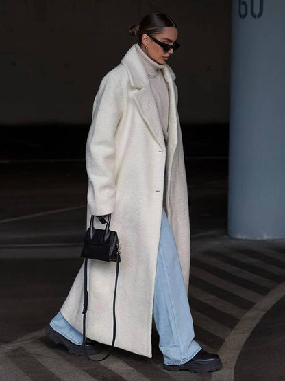 Levoire | Manteau Long Uni En Laine Boutons Poches Col À Revers Femme Mode Élégante Large Manteau D'Hiver Blanc