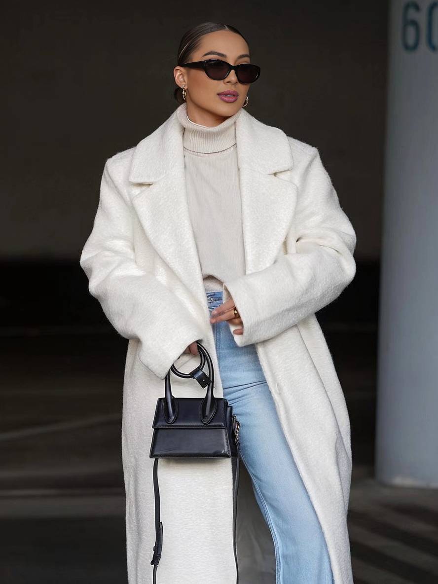 Levoire | Manteau Long Uni En Laine Boutons Poches Col À Revers Femme Mode Élégante Large Manteau D'Hiver