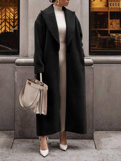 Levoire | Manteau Long Uni En Laine Boutons Poches Col À Revers Femme Mode Élégante Large Manteau D'Hiver Noir