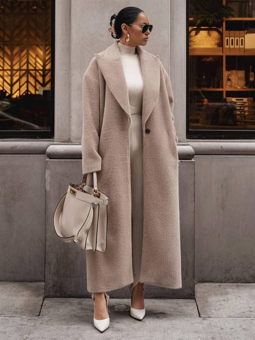 Levoire | Manteau Long Uni En Laine Boutons Poches Col À Revers Femme Mode Élégante Large Manteau D'Hiver Khaki