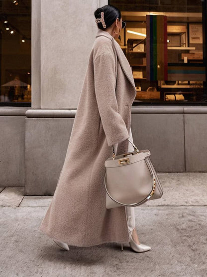 Levoire | Manteau Long Uni En Laine Boutons Poches Col À Revers Femme Mode Élégante Large Manteau D'Hiver