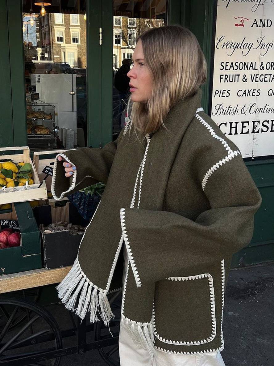 Levoire | Manteau En Laine Veste En Feutre Avec Col À Franges Écharpe Bouton Poches Col Rond Mode Élégante Vert olive