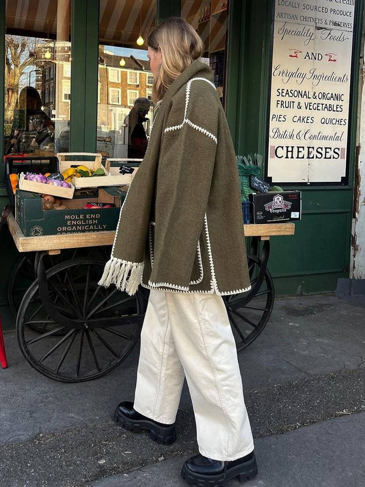 Levoire | Manteau En Laine Veste En Feutre Avec Col À Franges Écharpe Bouton Poches Col Rond Mode Élégante
