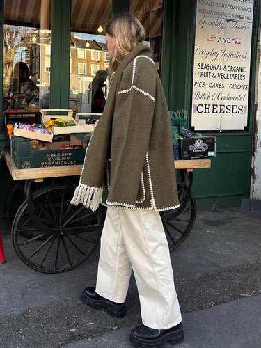 Levoire | Manteau En Laine Veste En Feutre Avec Col À Franges Écharpe Bouton Poches Col Rond Mode Élégante