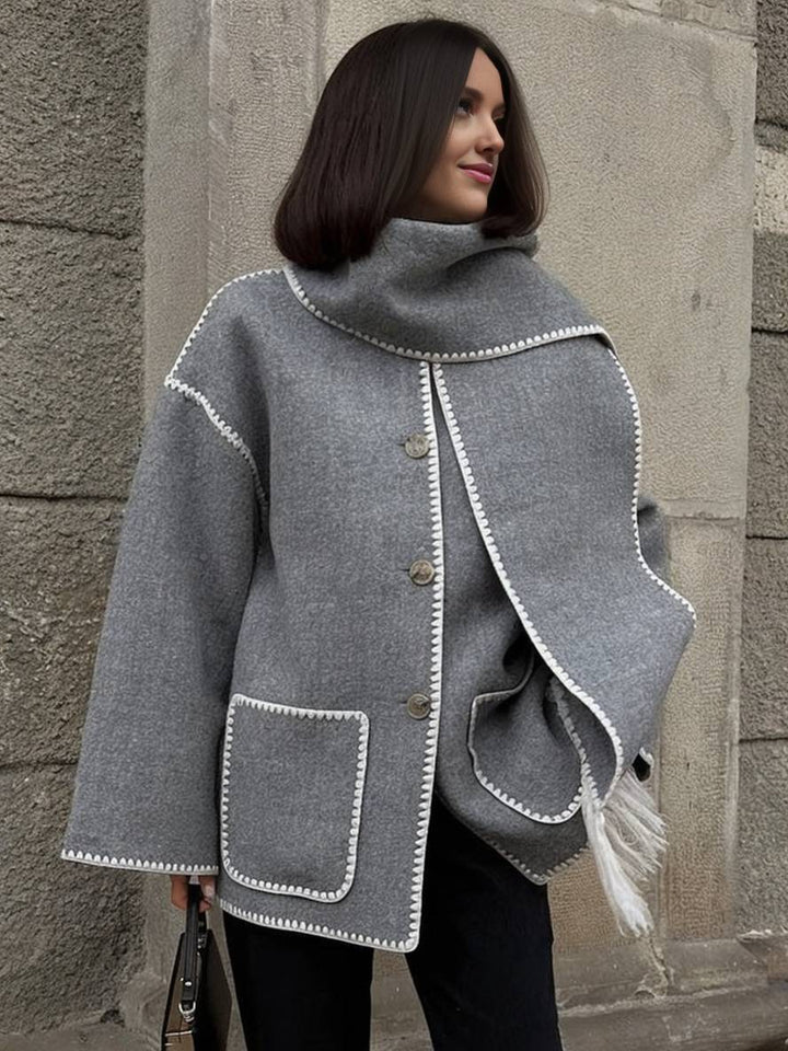 Levoire | Manteau En Laine Veste En Feutre Avec Col À Franges Écharpe Bouton Poches Col Rond Mode Élégante Gris clair