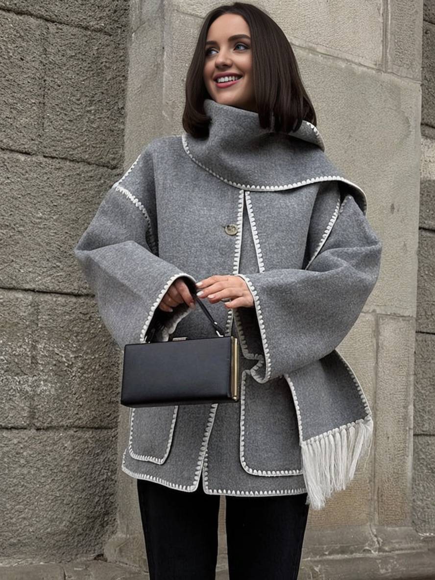 Levoire | Manteau En Laine Veste En Feutre Avec Col À Franges Écharpe Bouton Poches Col Rond Mode Élégante