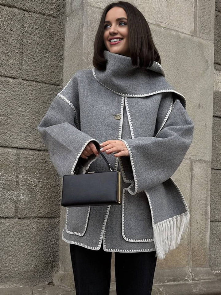 Levoire | Manteau En Laine Veste En Feutre Avec Col À Franges Écharpe Bouton Poches Col Rond Mode Élégante