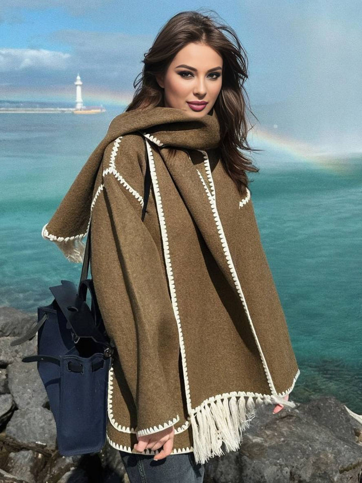 Levoire | Manteau En Laine Veste En Feutre Avec Col À Franges Écharpe Bouton Poches Col Rond Mode Élégante Braun