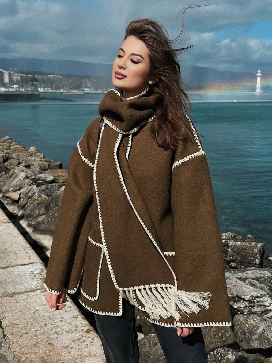 Levoire | Manteau En Laine Veste En Feutre Avec Col À Franges Écharpe Bouton Poches Col Rond Mode Élégante