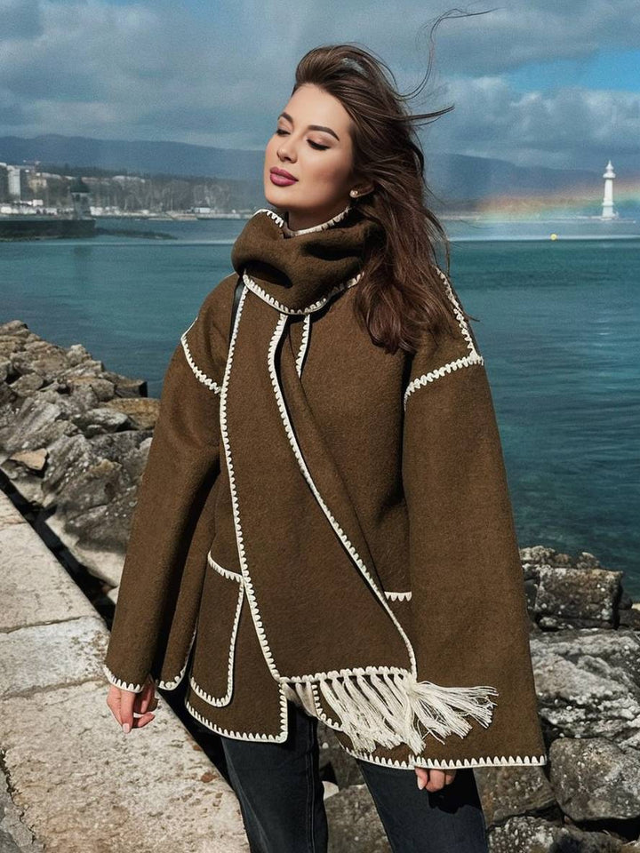 Levoire | Manteau En Laine Veste En Feutre Avec Col À Franges Écharpe Bouton Poches Col Rond Mode Élégante
