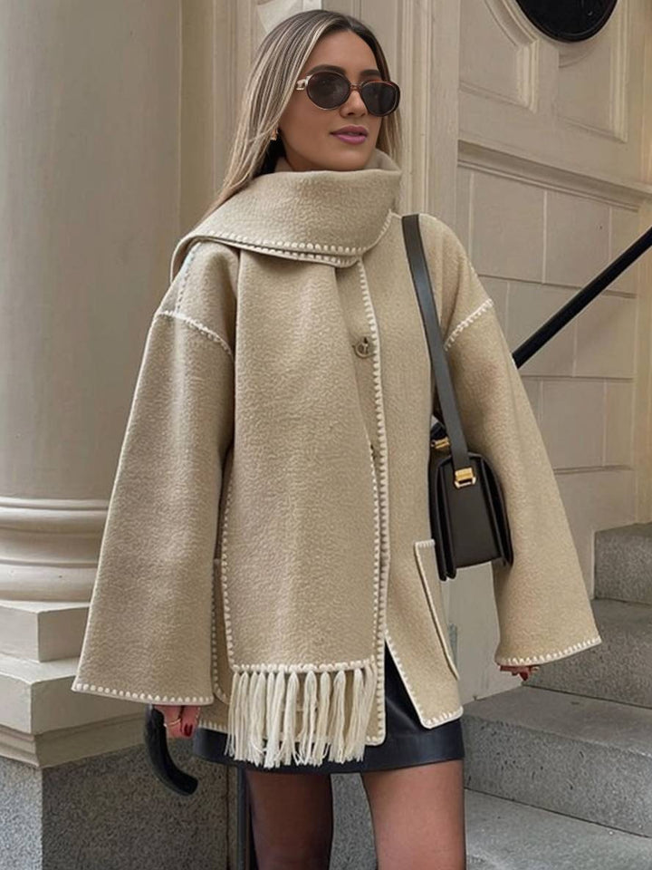Levoire | Manteau En Laine Veste En Feutre Avec Col À Franges Écharpe Bouton Poches Col Rond Mode Élégante Khaki