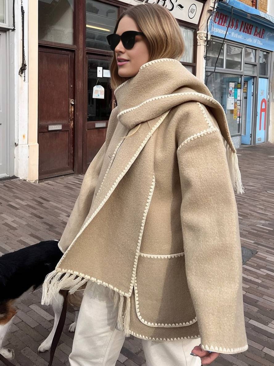 Levoire | Manteau En Laine Veste En Feutre Avec Col À Franges Écharpe Bouton Poches Col Rond Mode Élégante