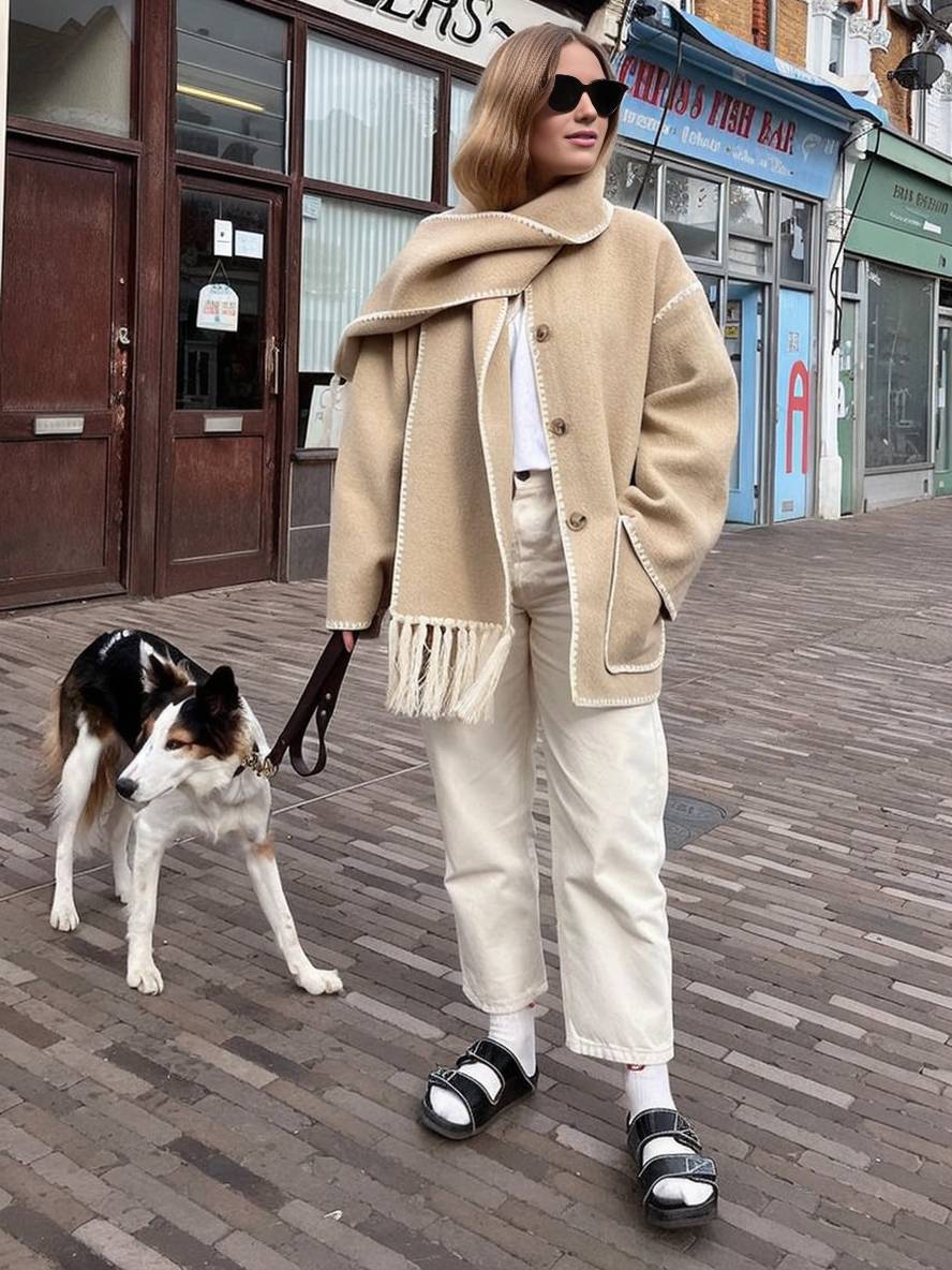 Levoire | Manteau En Laine Veste En Feutre Avec Col À Franges Écharpe Bouton Poches Col Rond Mode Élégante