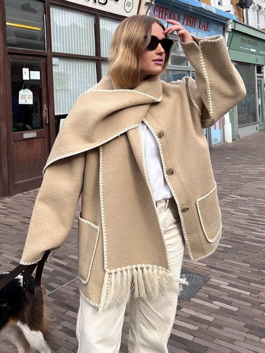 Levoire | Manteau En Laine Veste En Feutre Avec Col À Franges Écharpe Bouton Poches Col Rond Mode Élégante