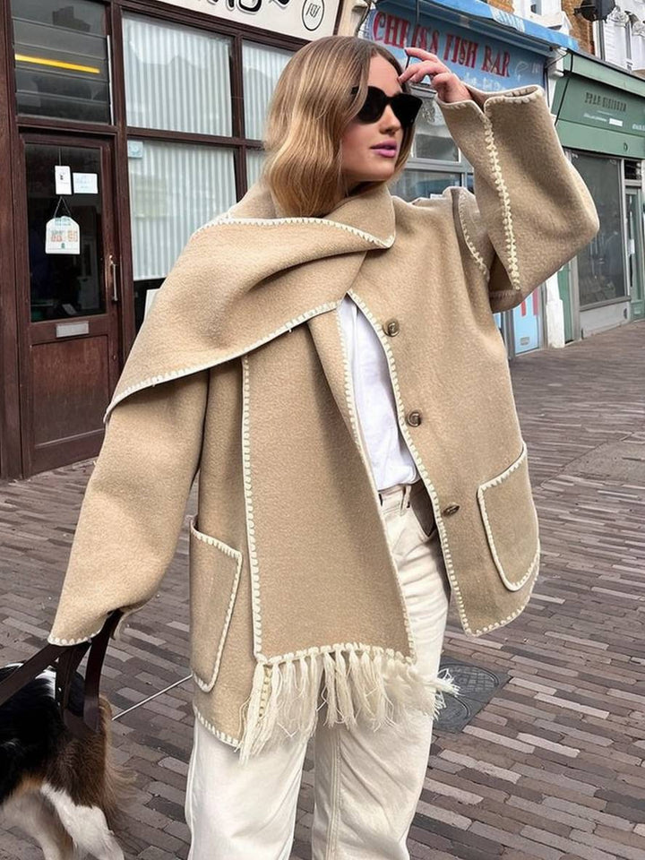 Levoire | Manteau En Laine Veste En Feutre Avec Col À Franges Écharpe Bouton Poches Col Rond Mode Élégante