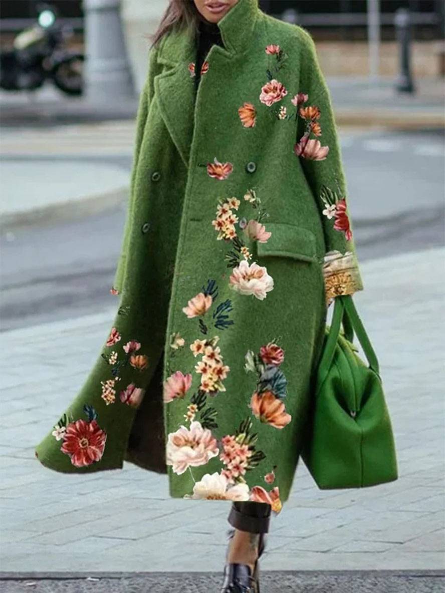 Levoire | Manteau Floral Long À Double Bouton Avec Poches Revers À Manches Longues Pour Femmes, Élégante Veste De Mode Vert