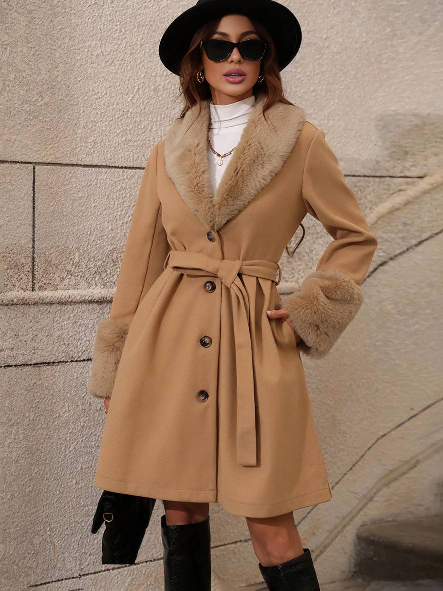 Levoire | Mir-Manteau Long En Laine Col Revers F Col En Fausses Fourrures Boutons Poches Ceinture Manches Longues Femmes Élégant Khaki