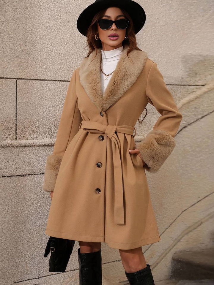 Levoire | Mir-Manteau Long En Laine Col Revers F Col En Fausses Fourrures Boutons Poches Ceinture Manches Longues Femmes Élégant Khaki