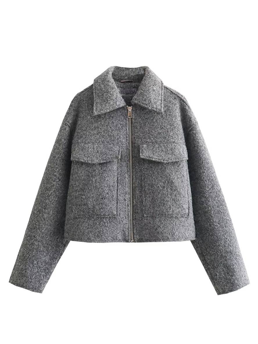 Levoire | Veste Courte Unie À Col Revers Fermeture Éclair Poches Manches Longues Femmes Élégante Décontractée Manteau
