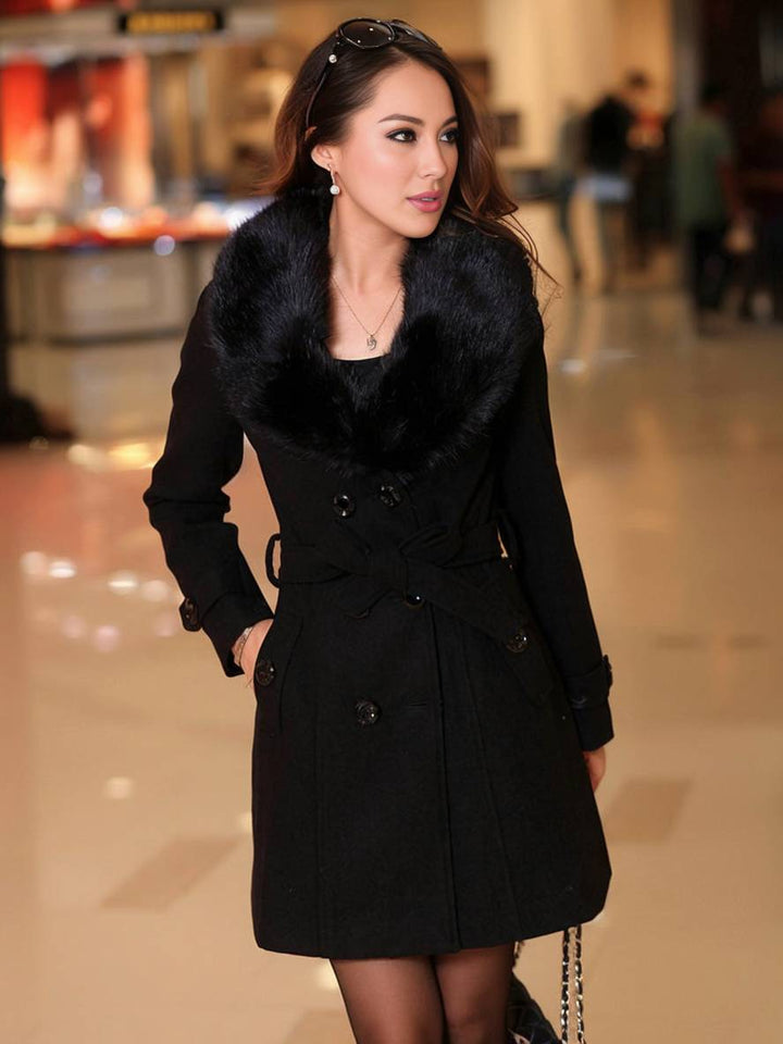 Levoire | Manteau En Laine Mi-Long À Double Boutonnage Avec Poches Nœud Ceinture Manches Longues Pour Femmes Élégant Noir