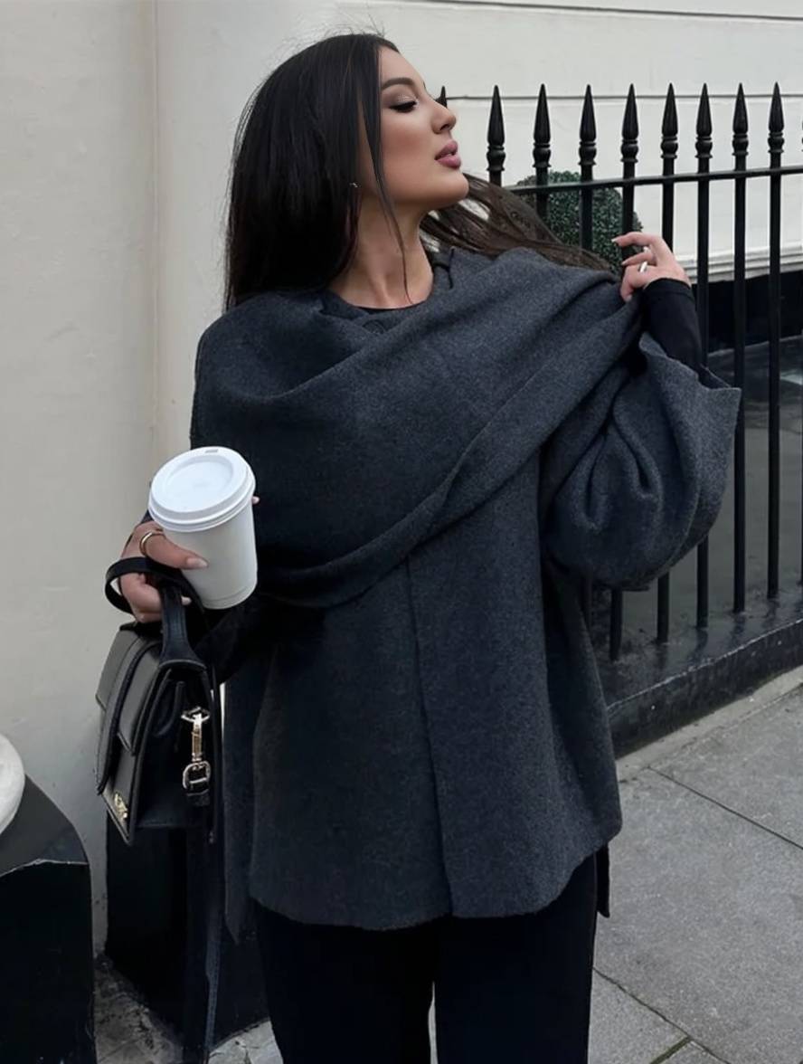 Levoire | Manteau En Laine Avec Fente Latérale Écharpe Boutons Col Rond Manches Longues Femmes Élégant Décontracté Ample Veste Gris