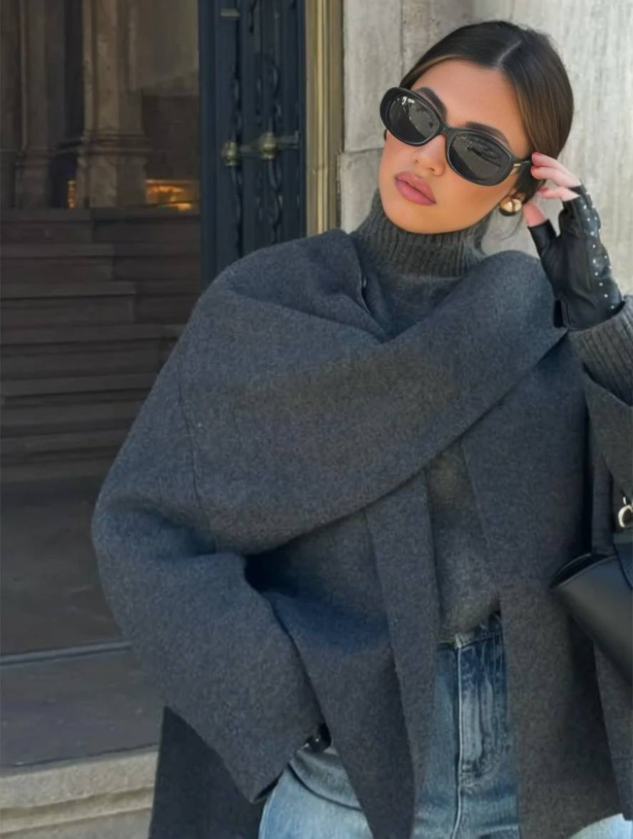Levoire | Manteau En Laine Avec Fente Latérale Écharpe Boutons Col Rond Manches Longues Femmes Élégant Décontracté Ample Veste