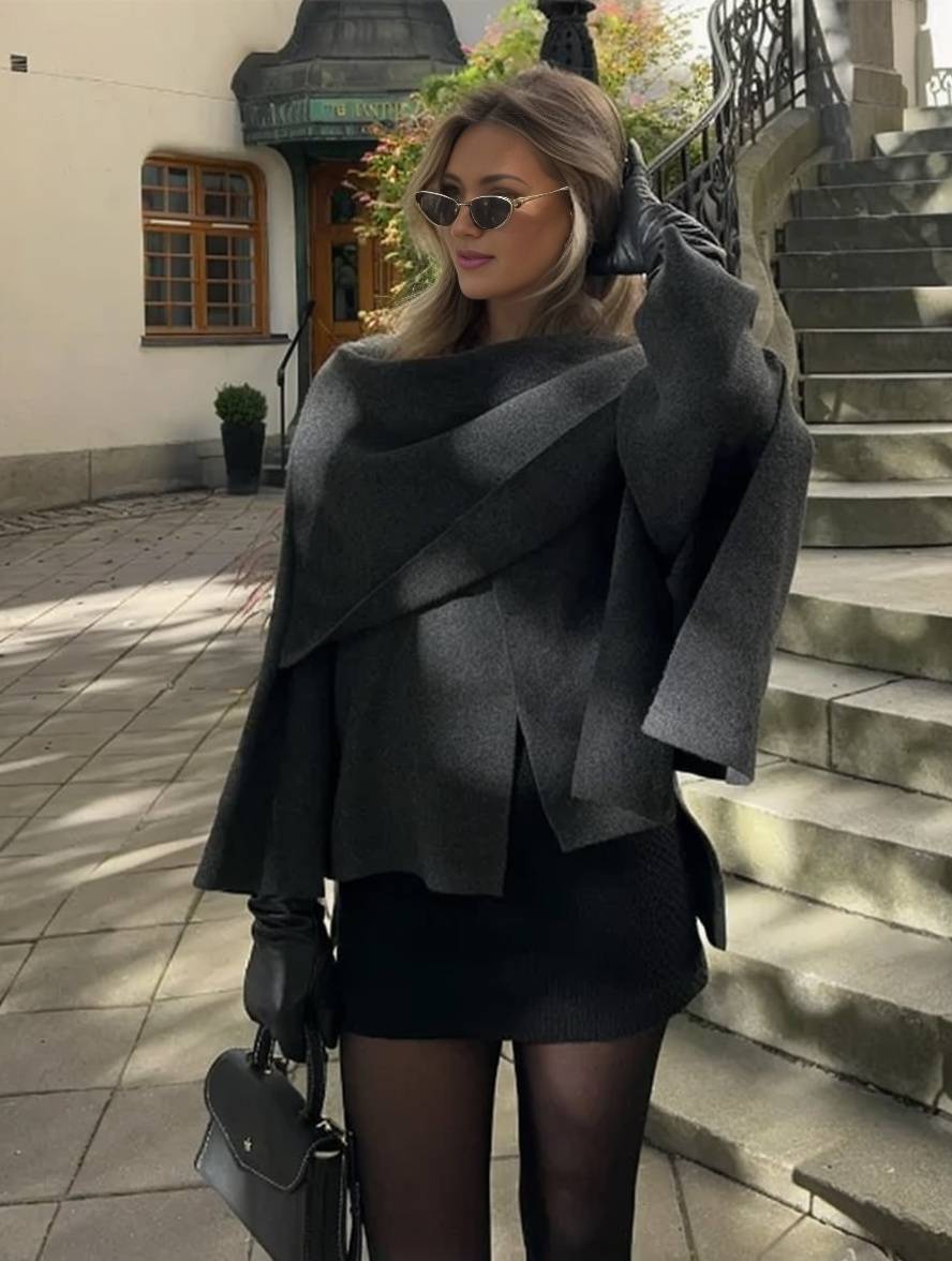 Levoire | Manteau En Laine Avec Fente Latérale Écharpe Boutons Col Rond Manches Longues Femmes Élégant Décontracté Ample Veste