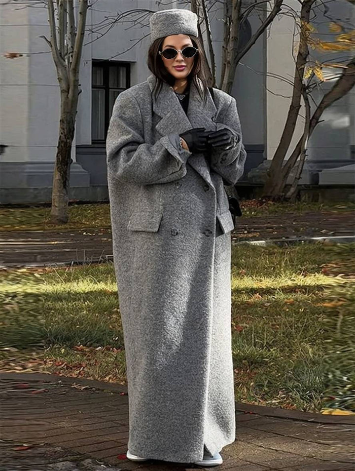 Levoire | Manteau Caban Long Double Boutonnage Poches Col Revers Manches Longues Femme Décontracté Oversize Mélange-Manteau Gris