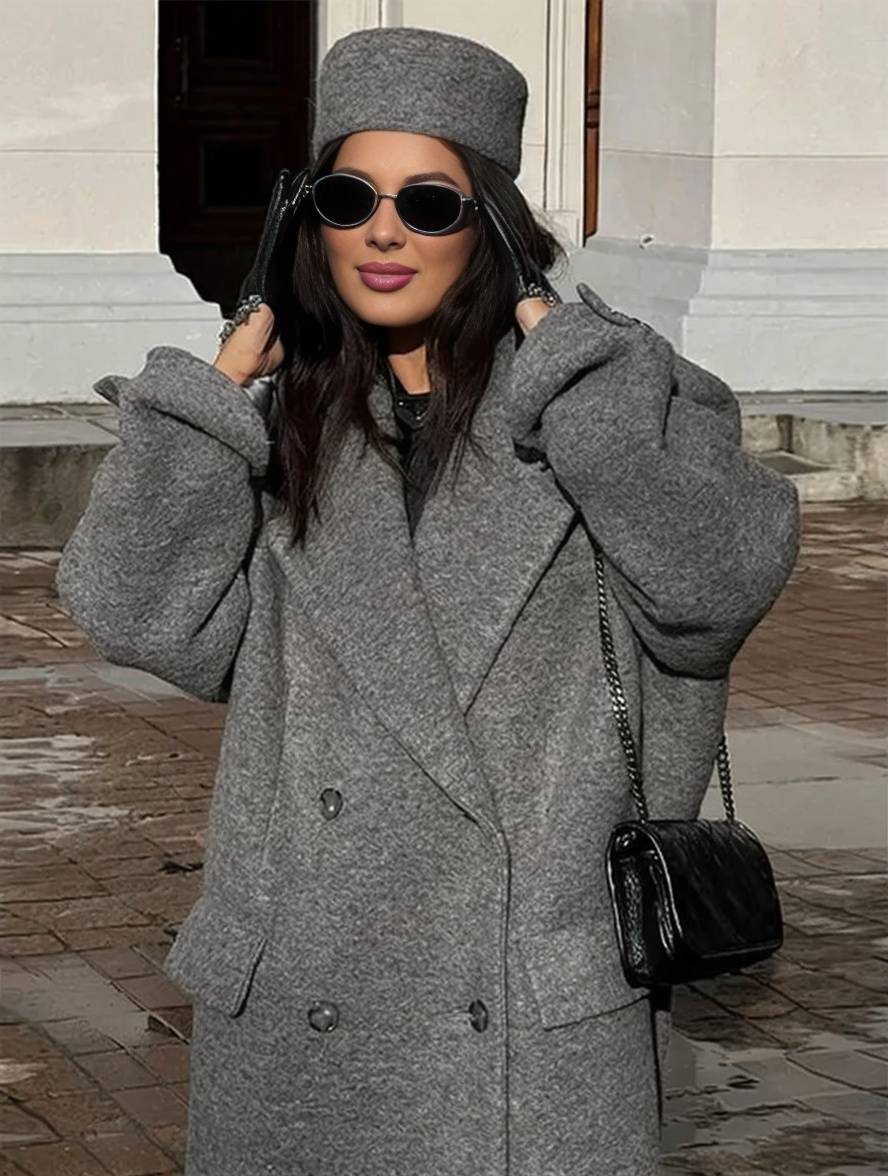Levoire | Manteau Caban Long Double Boutonnage Poches Col Revers Manches Longues Femme Décontracté Oversize Mélange-Manteau
